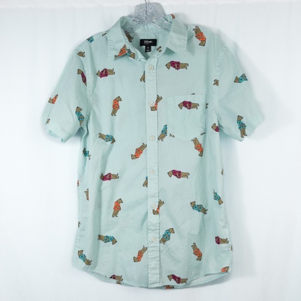 Urban Pipeline Bear Print Short Sleeve Button Front Shirt‎ Mens Small Mint Green